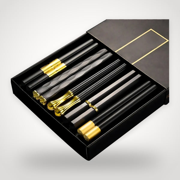 Baguettes japonaises noir et or – coffret 5 paires