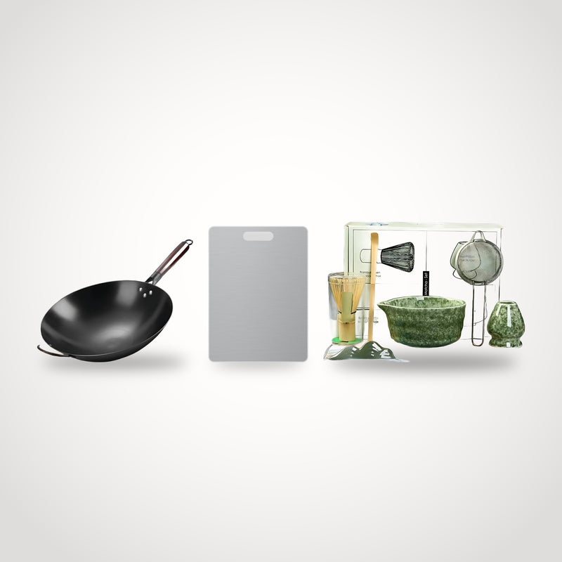Pack cuisine japonaise – wok, planche en titane et kit matcha