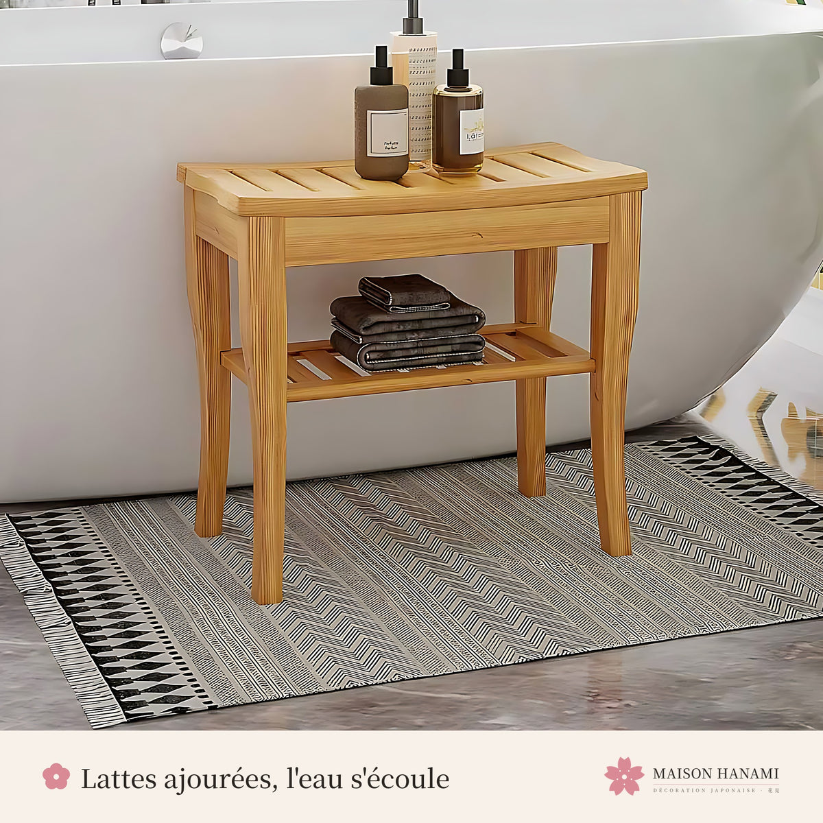 Tabouret de douche en bambou avec étagère