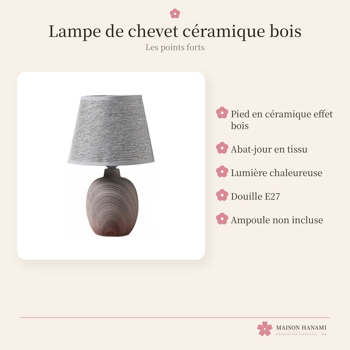 Lampe de chevet céramique effet bois