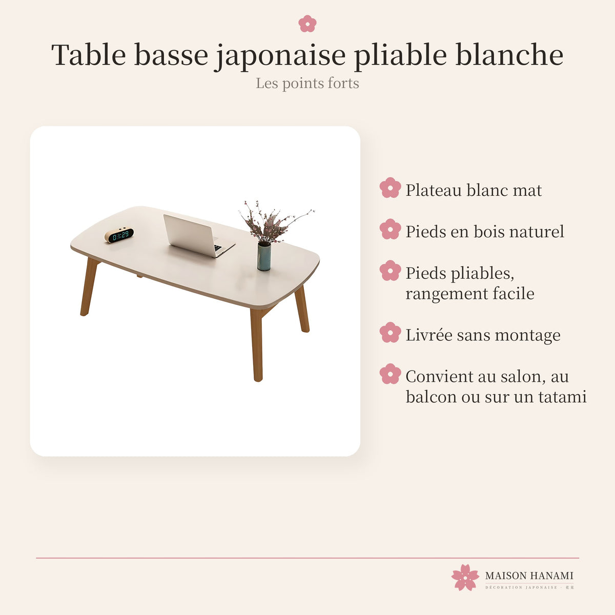 Table basse japonaise pliable blanche et bois