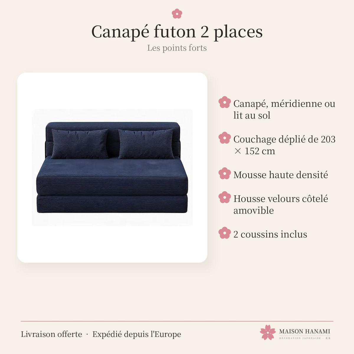 Canapé futon convertible 2 places en velours côtelé