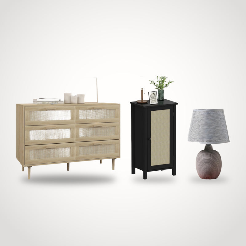 Pack rangement chambre – commode 6 tiroirs en rotin, table de chevet et lampe