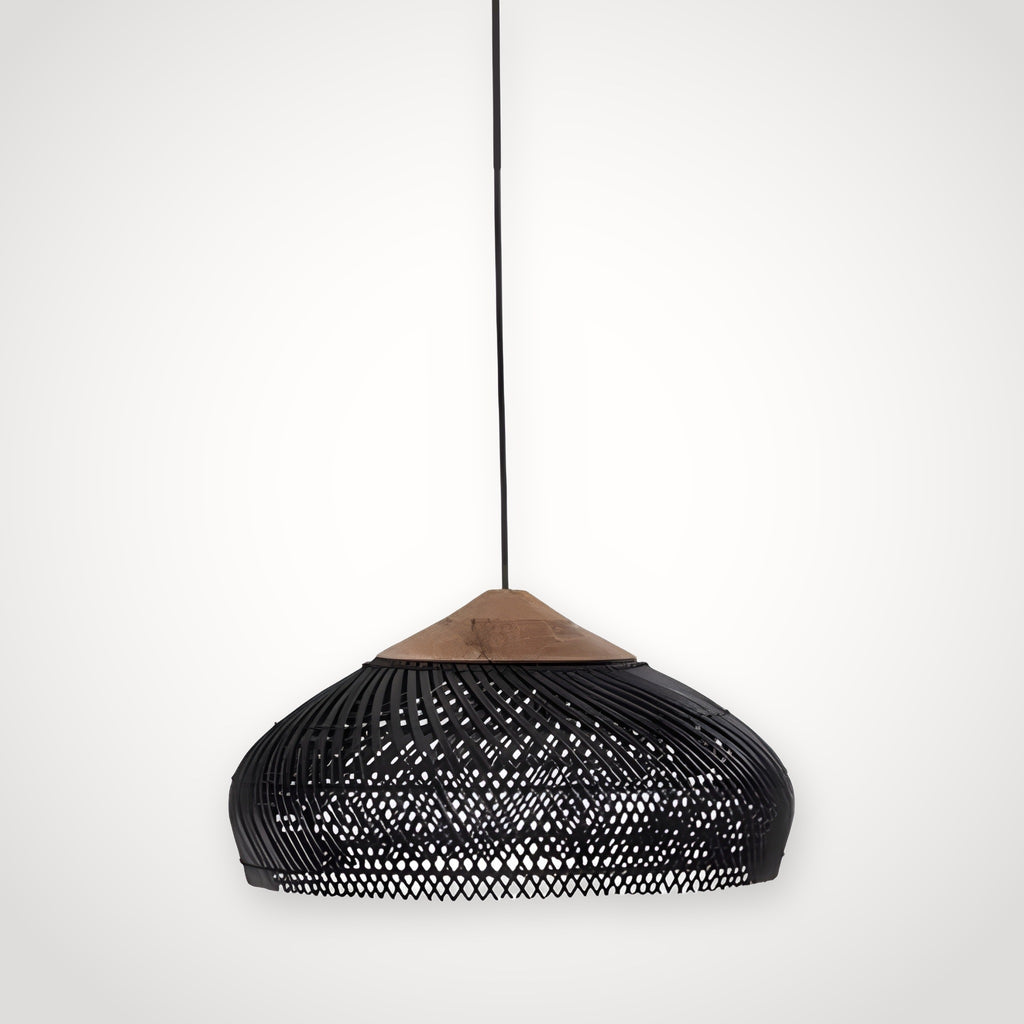 Suspension japonaise rotin noir et bois – plate