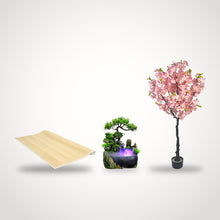 Pack déco zen – fontaine bonsaï, tapis en bambou et arbre sakura
