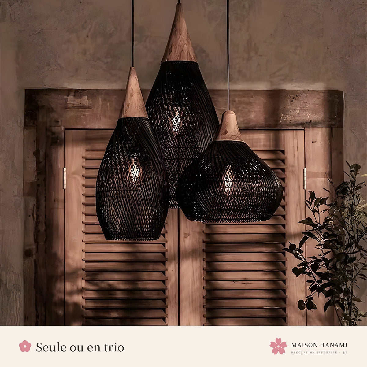 Suspension japonaise rotin noir – forme goutte – photo 2