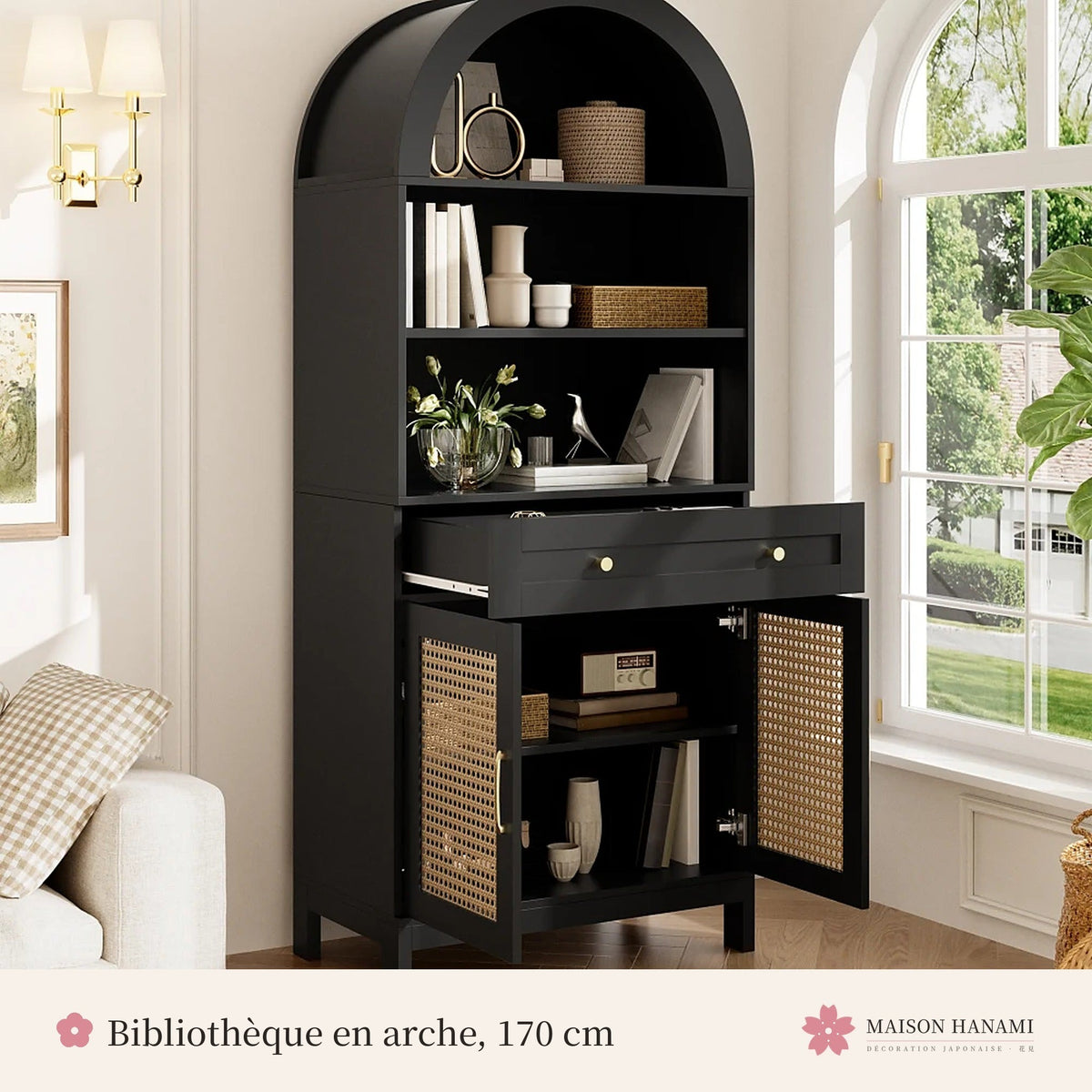 Bibliothèque en arche noire avec portes en rotin – photo 2