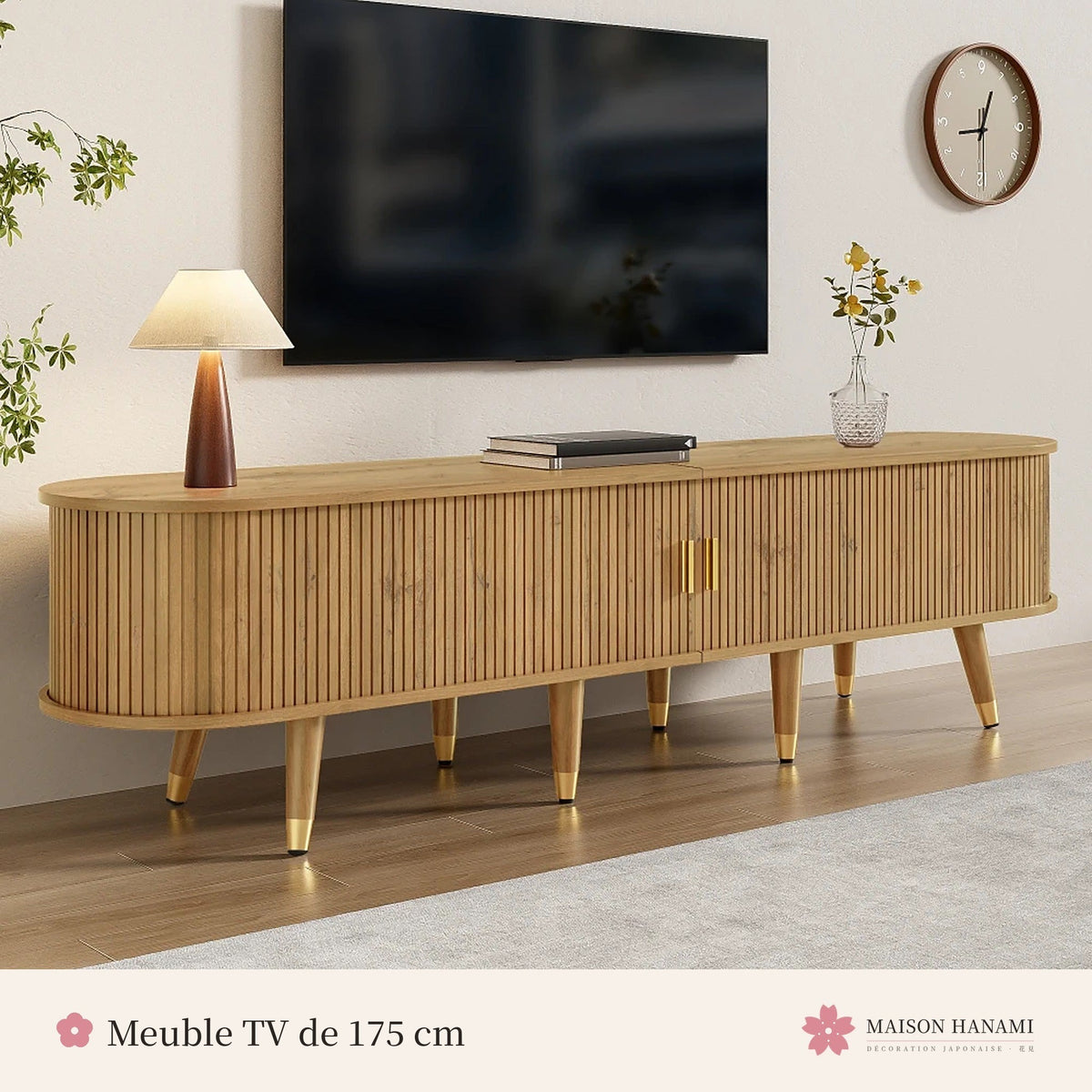Meuble TV cannelé 175 cm finition bois naturel – photo 2