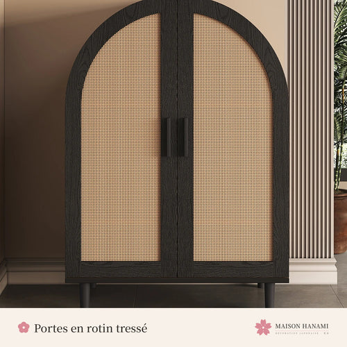 Armoire à chaussures en rotin, portes en arche noires