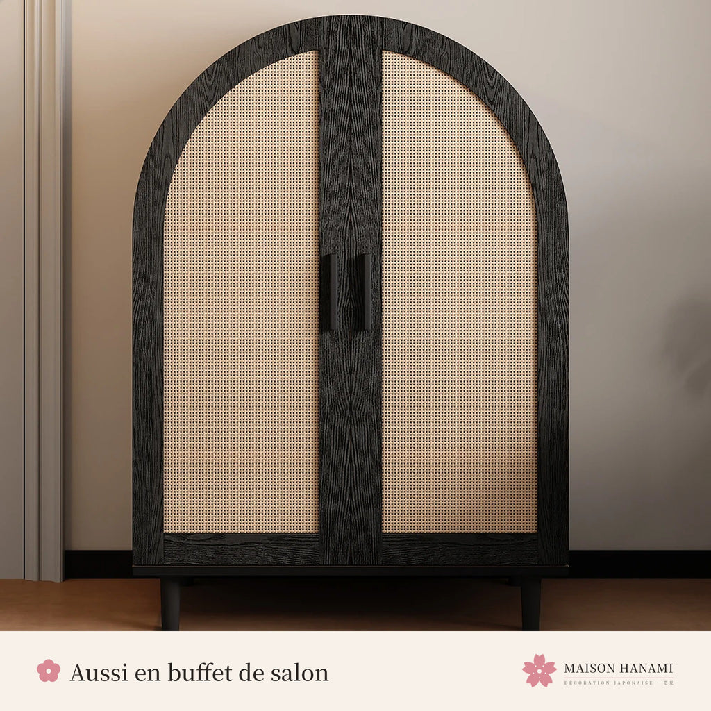 Armoire à chaussures en rotin, portes en arche noires