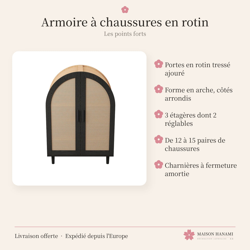 Armoire à chaussures en rotin, portes en arche noires