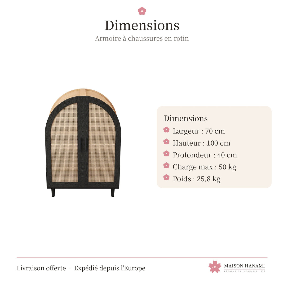 Armoire à chaussures en rotin, portes en arche noires