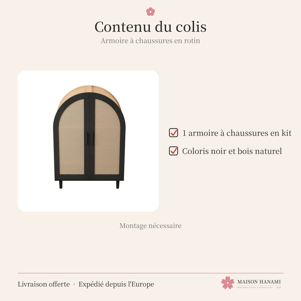 Armoire à chaussures en rotin, portes en arche noires