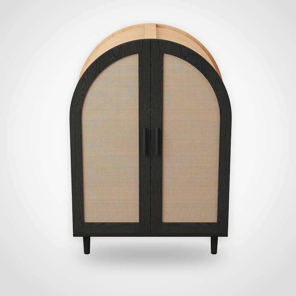 Armoire à chaussures en rotin – arche noire et bois