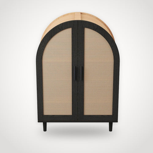 Armoire à chaussures en rotin – arche noire et bois