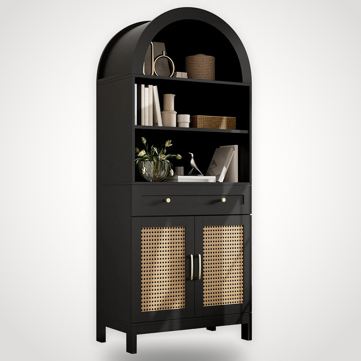 Bibliothèque en arche noire avec portes en rotin