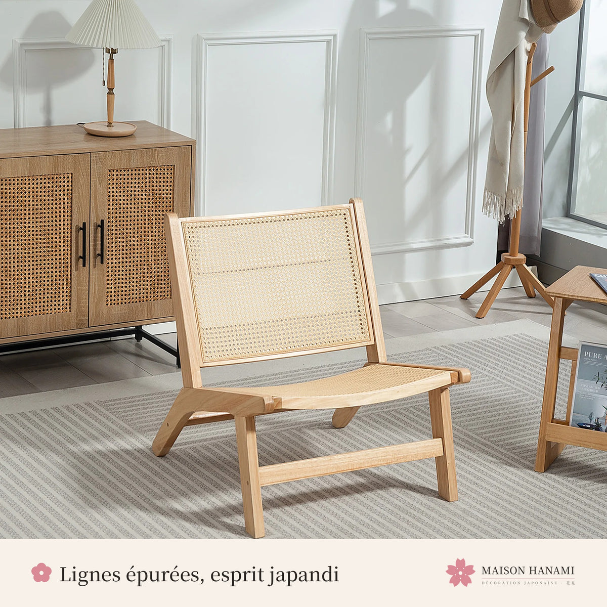 Chaise basse de lecture en rotin et bois – photo 3