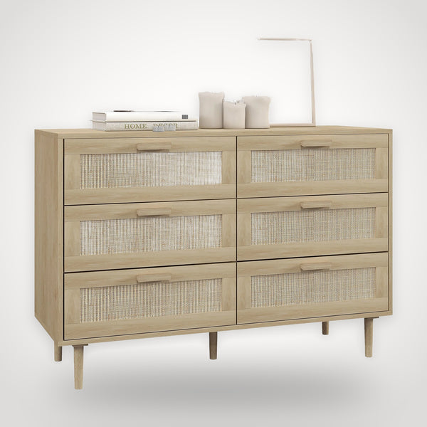 Commode 6 tiroirs en rotin tressé – aspect bois clair, 110 cm