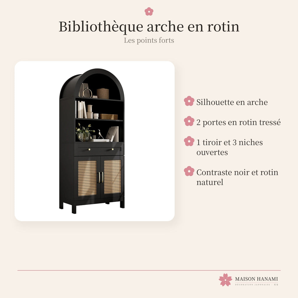 Bibliothèque en arche noire avec portes en rotin – photo 4