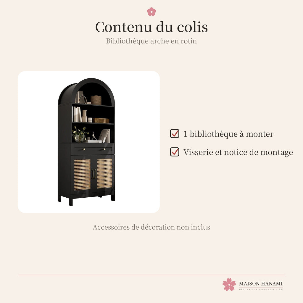 Bibliothèque en arche noire avec portes en rotin – photo 6