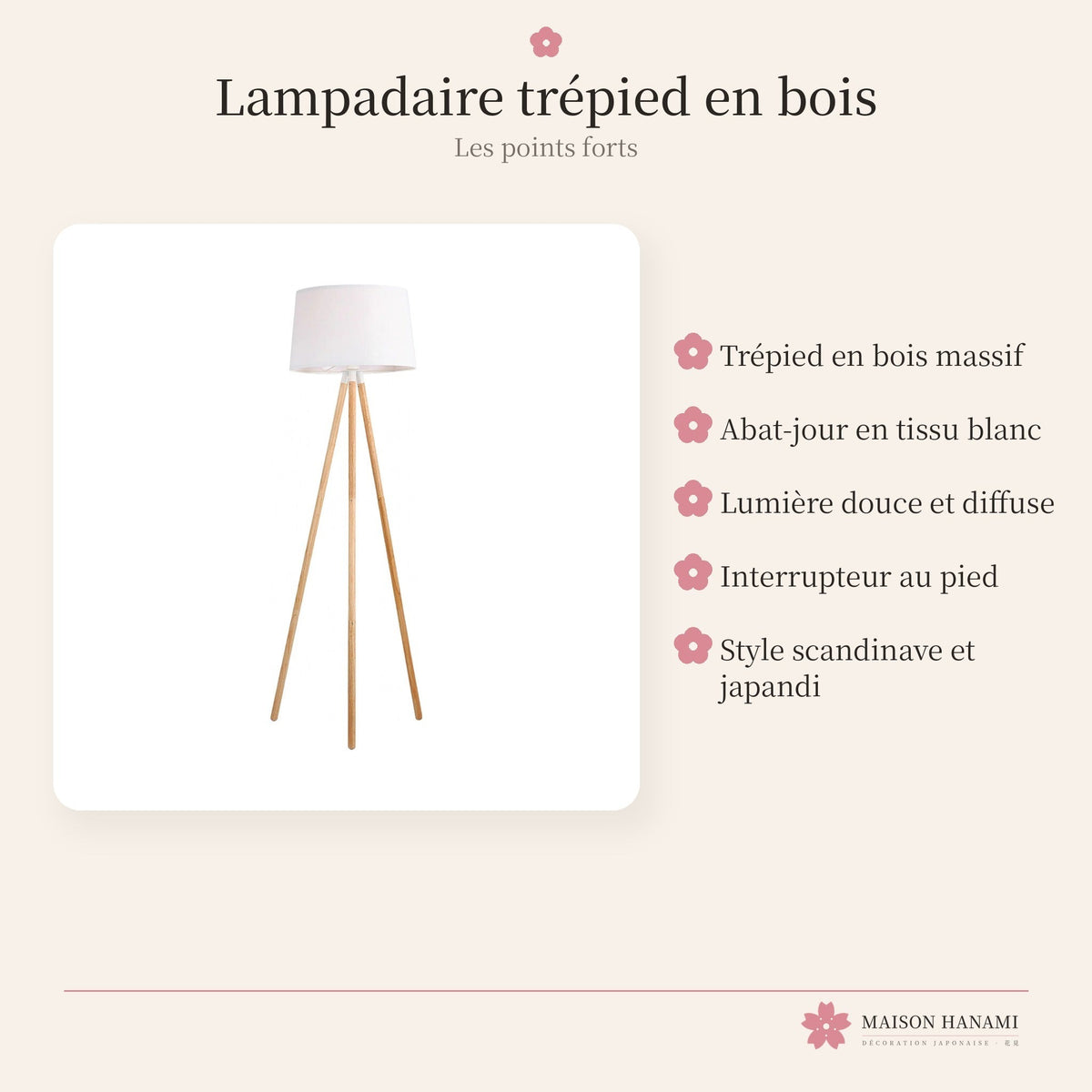 Lampadaire trépied en bois et tissu blanc – photo 4