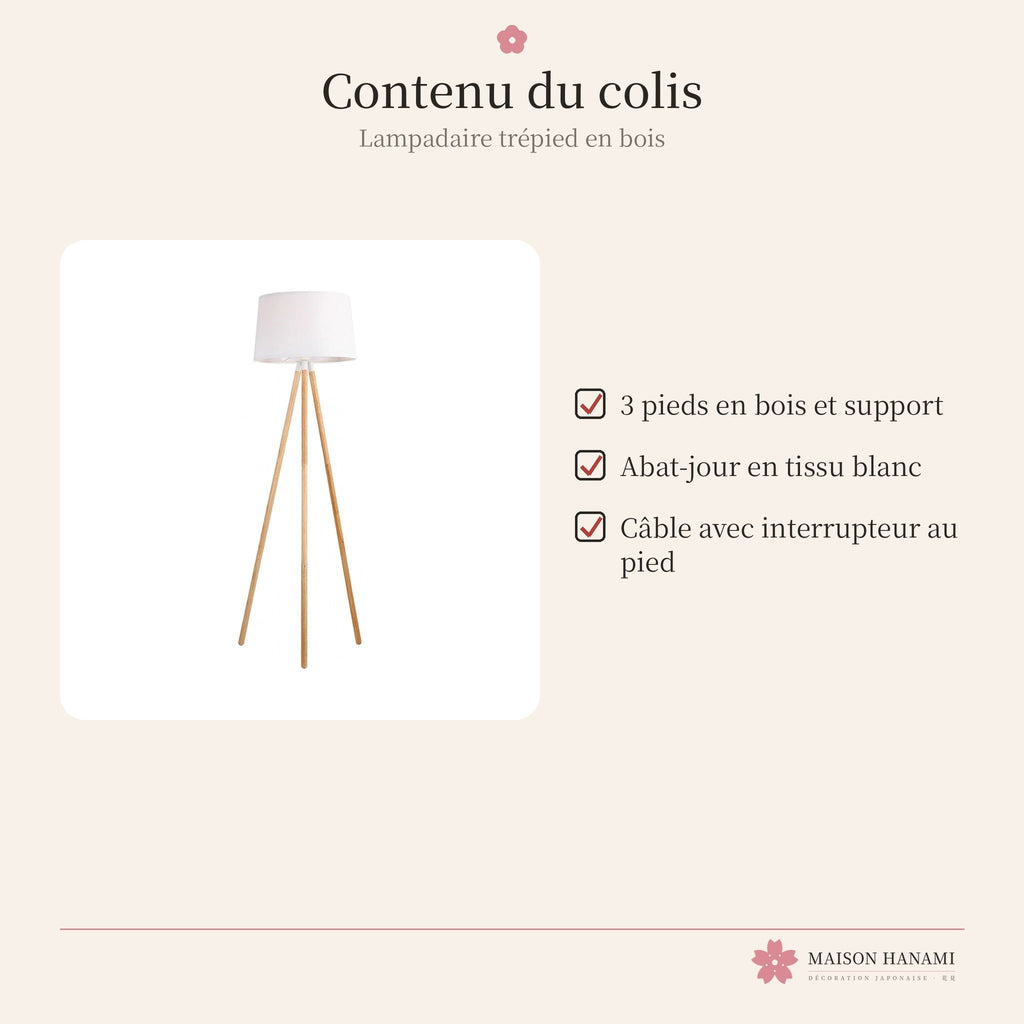 Lampadaire trépied en bois et tissu blanc – photo 6