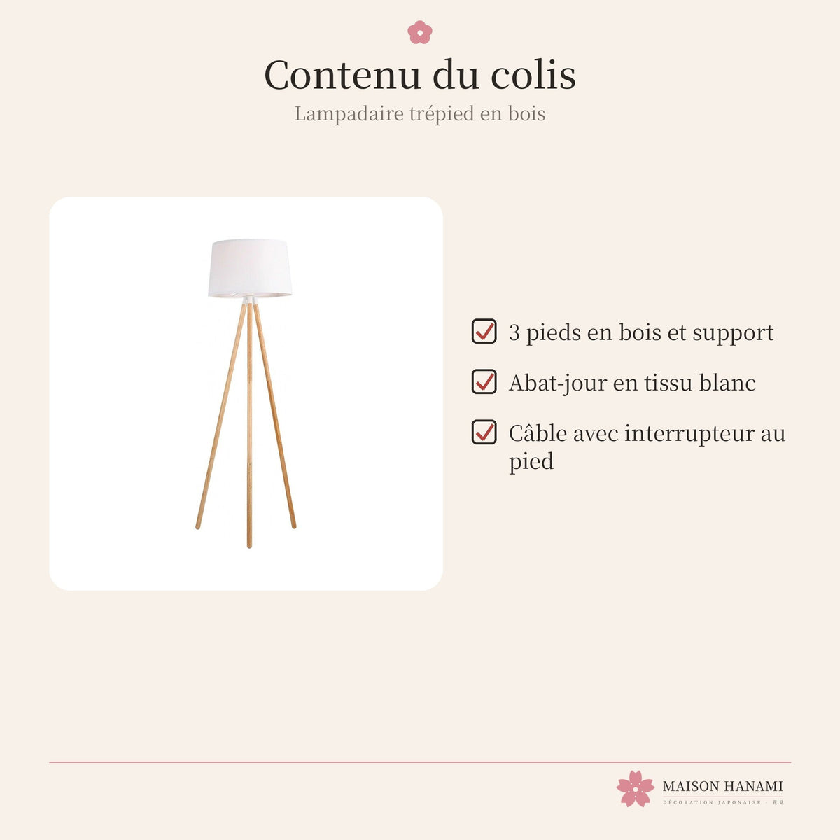 Lampadaire trépied en bois et tissu blanc – photo 6