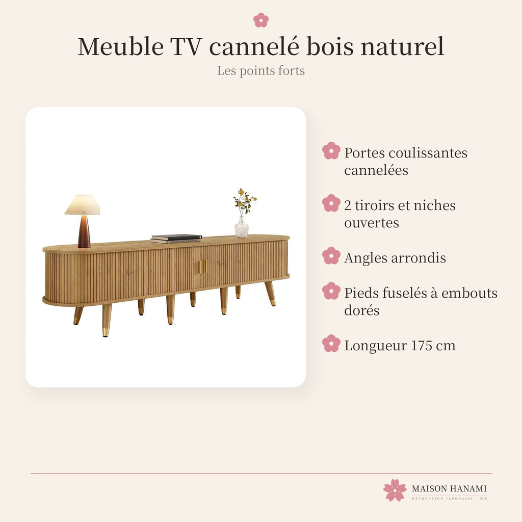 Meuble TV cannelé 175 cm finition bois naturel – photo 4