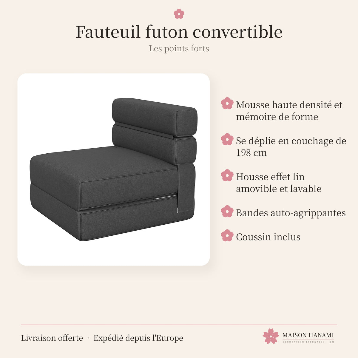 Fauteuil futon convertible en lit 1 place – gris anthracite