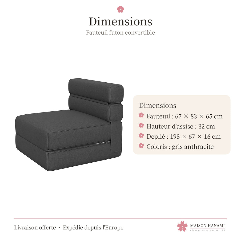 Fauteuil futon convertible en lit 1 place – gris anthracite