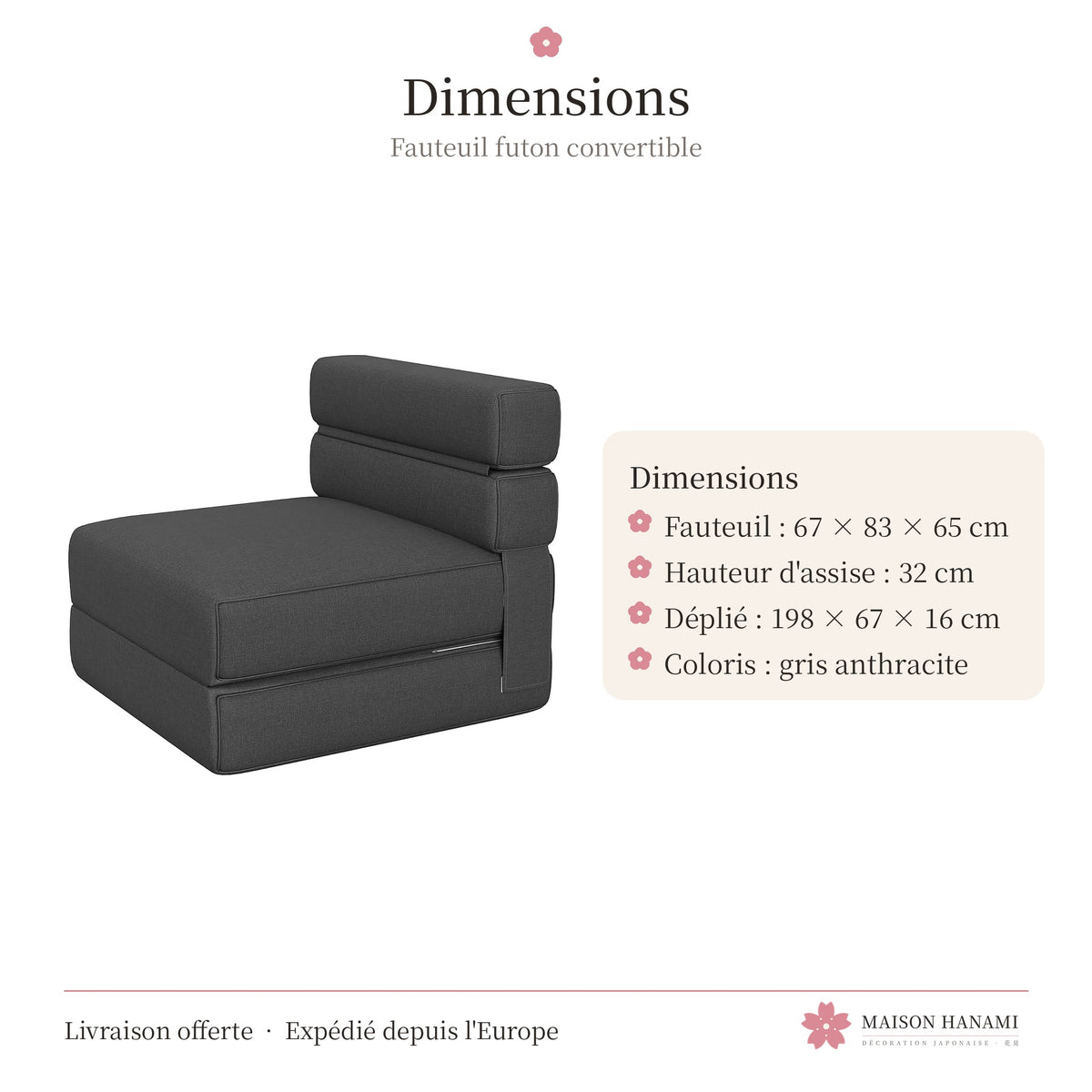 Fauteuil futon convertible en lit 1 place – gris anthracite