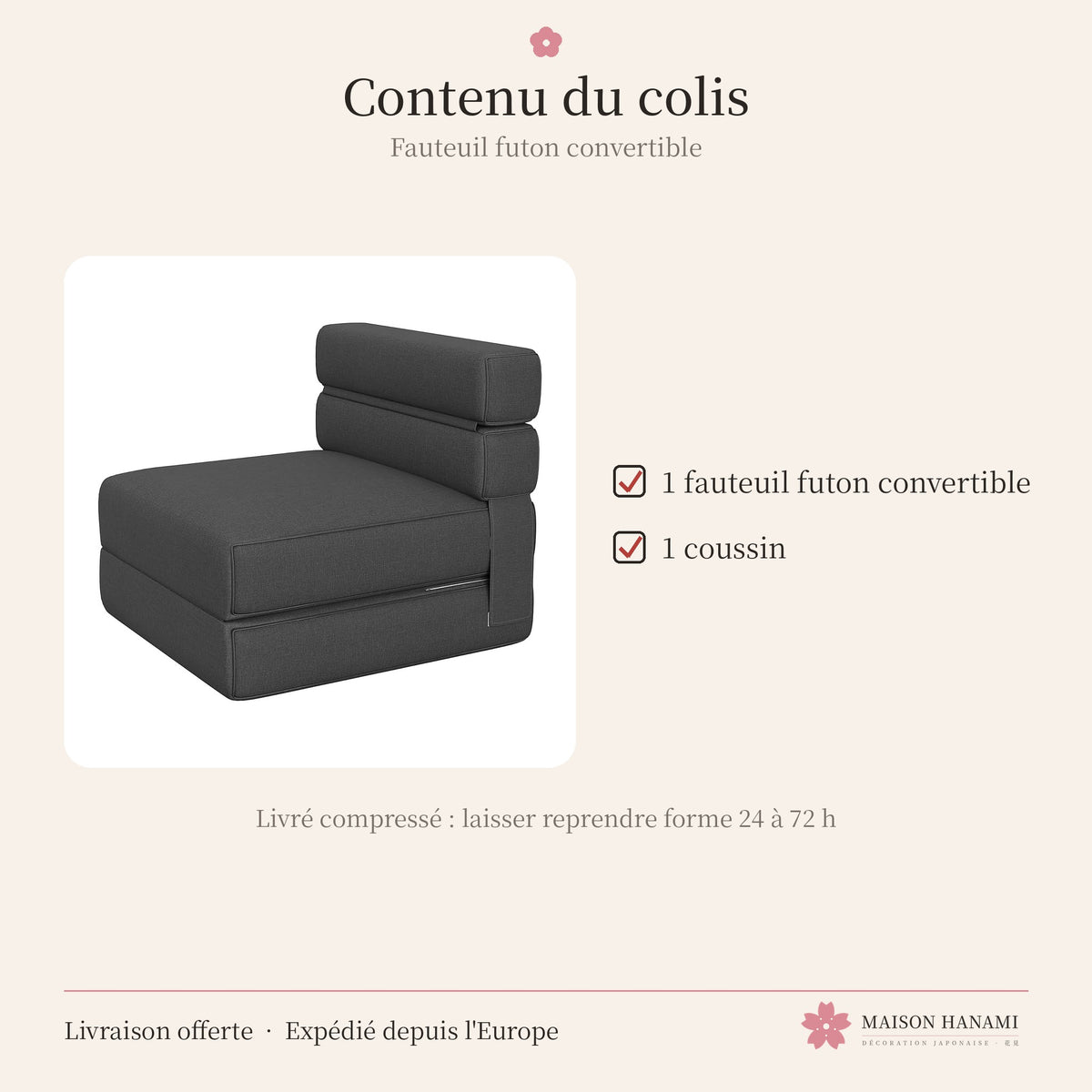 Fauteuil futon convertible en lit 1 place – gris anthracite