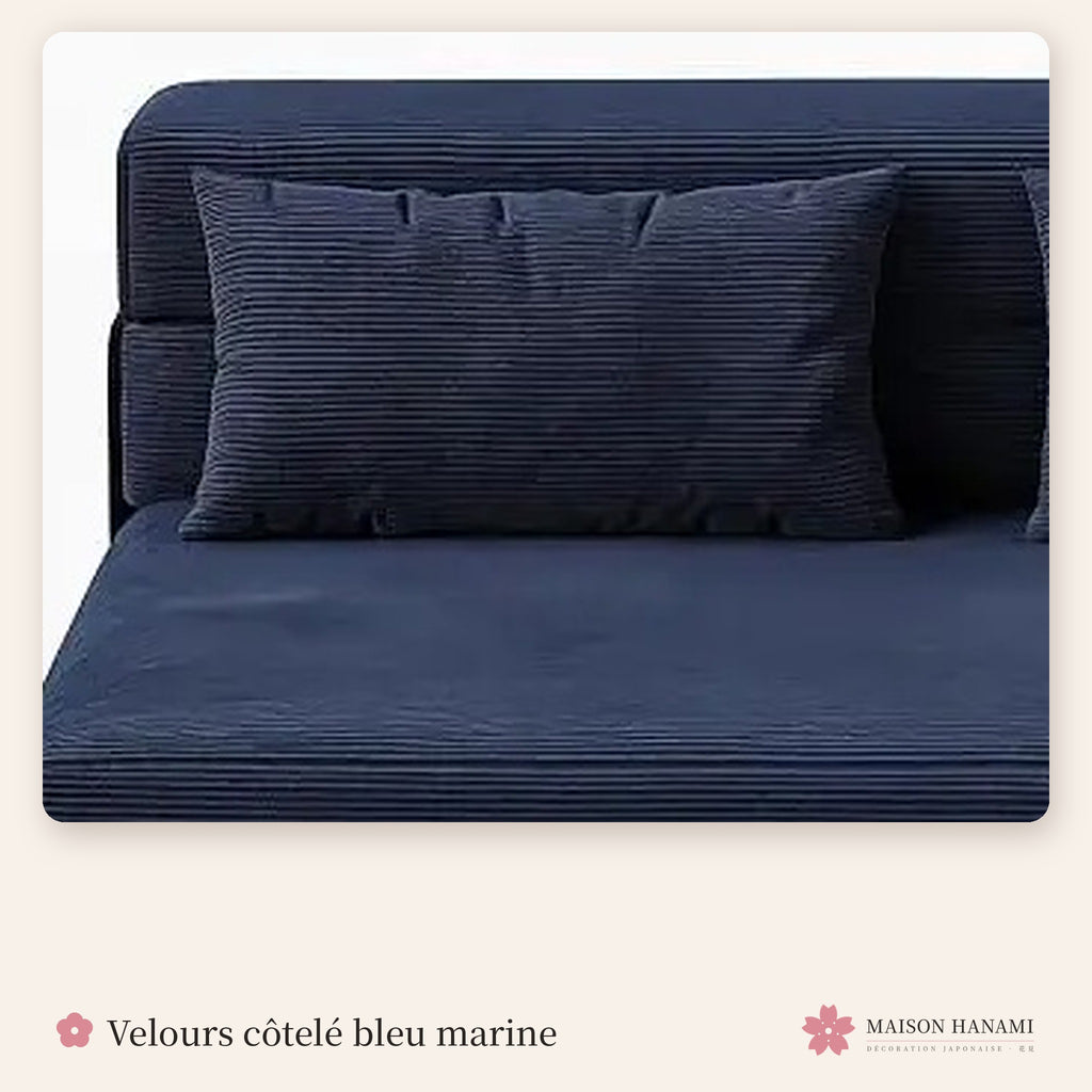 Canapé futon convertible 2 places en velours côtelé – bleu marine
