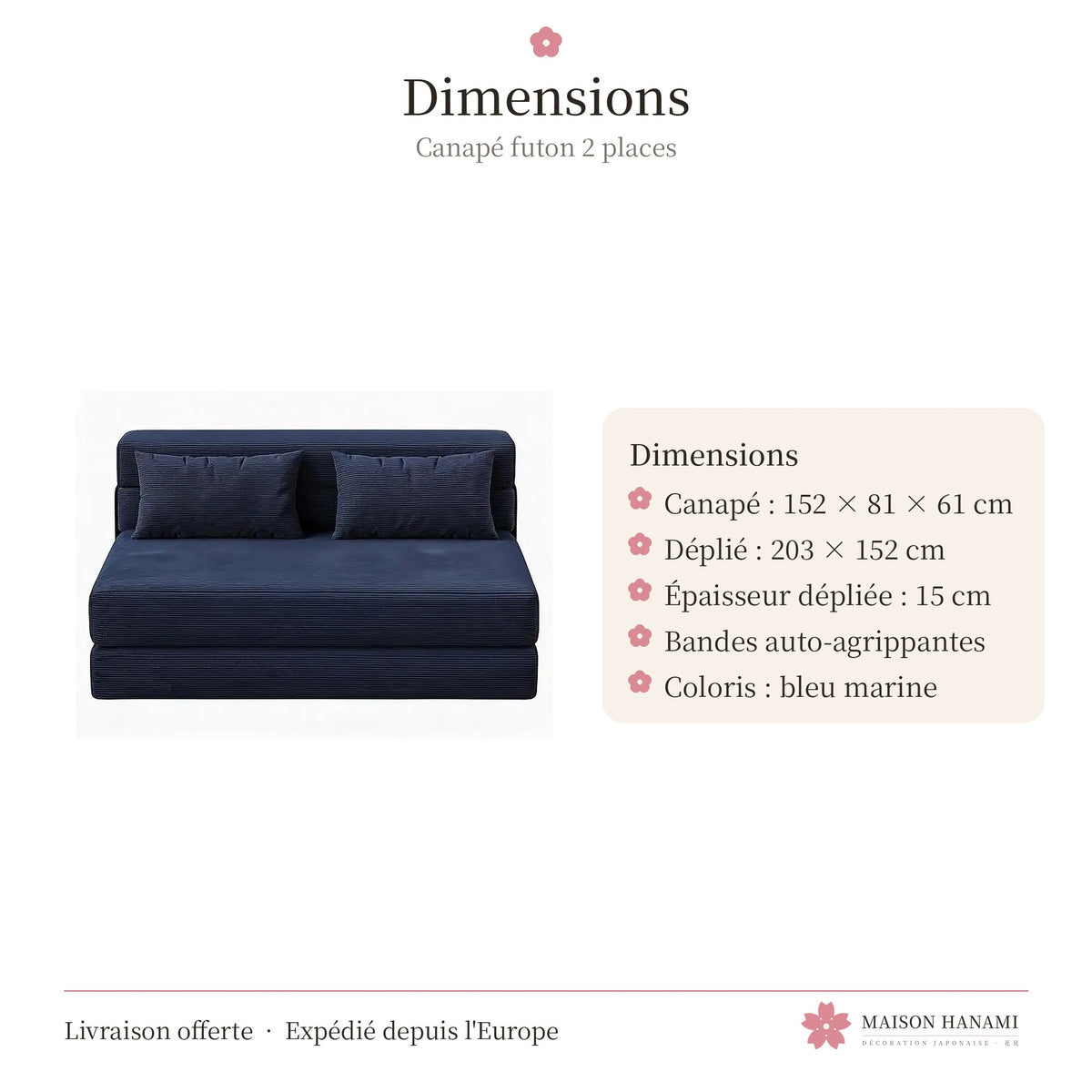 Canapé futon convertible 2 places en velours côtelé – bleu marine