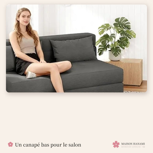 Canapé futon convertible 2 places en velours côtelé – gris anthracite