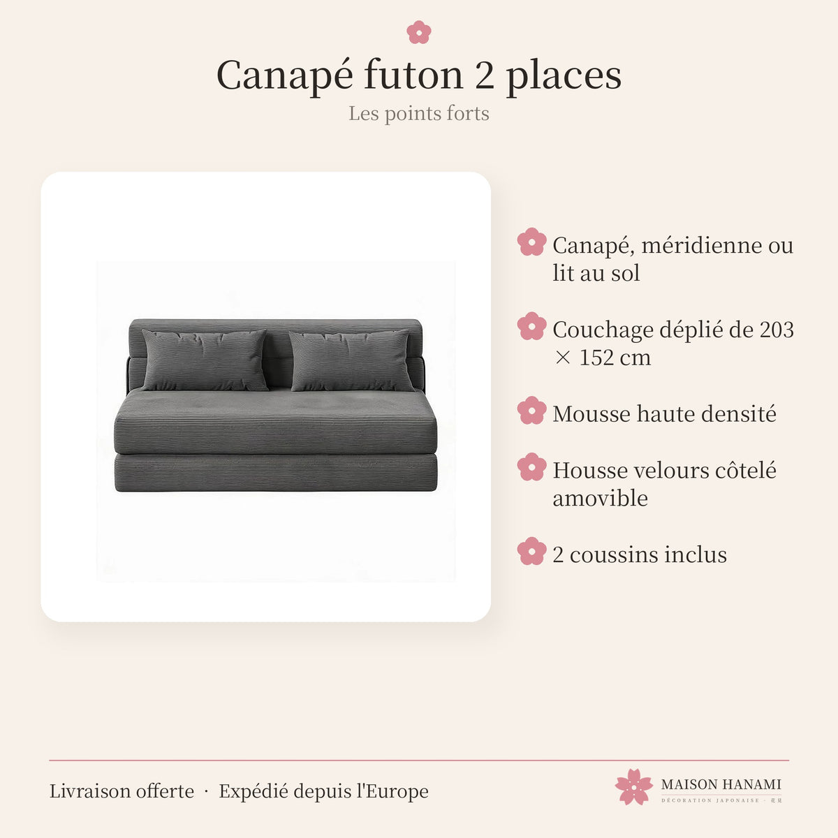 Canapé futon convertible 2 places en velours côtelé – gris anthracite