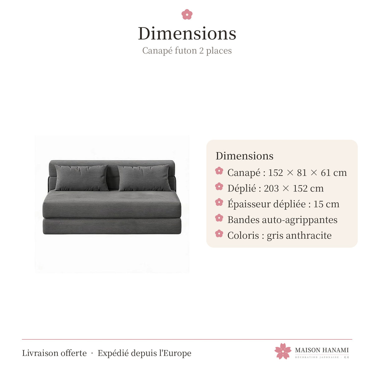 Canapé futon convertible 2 places en velours côtelé – gris anthracite