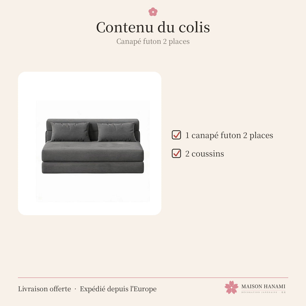 Canapé futon convertible 2 places en velours côtelé – gris anthracite
