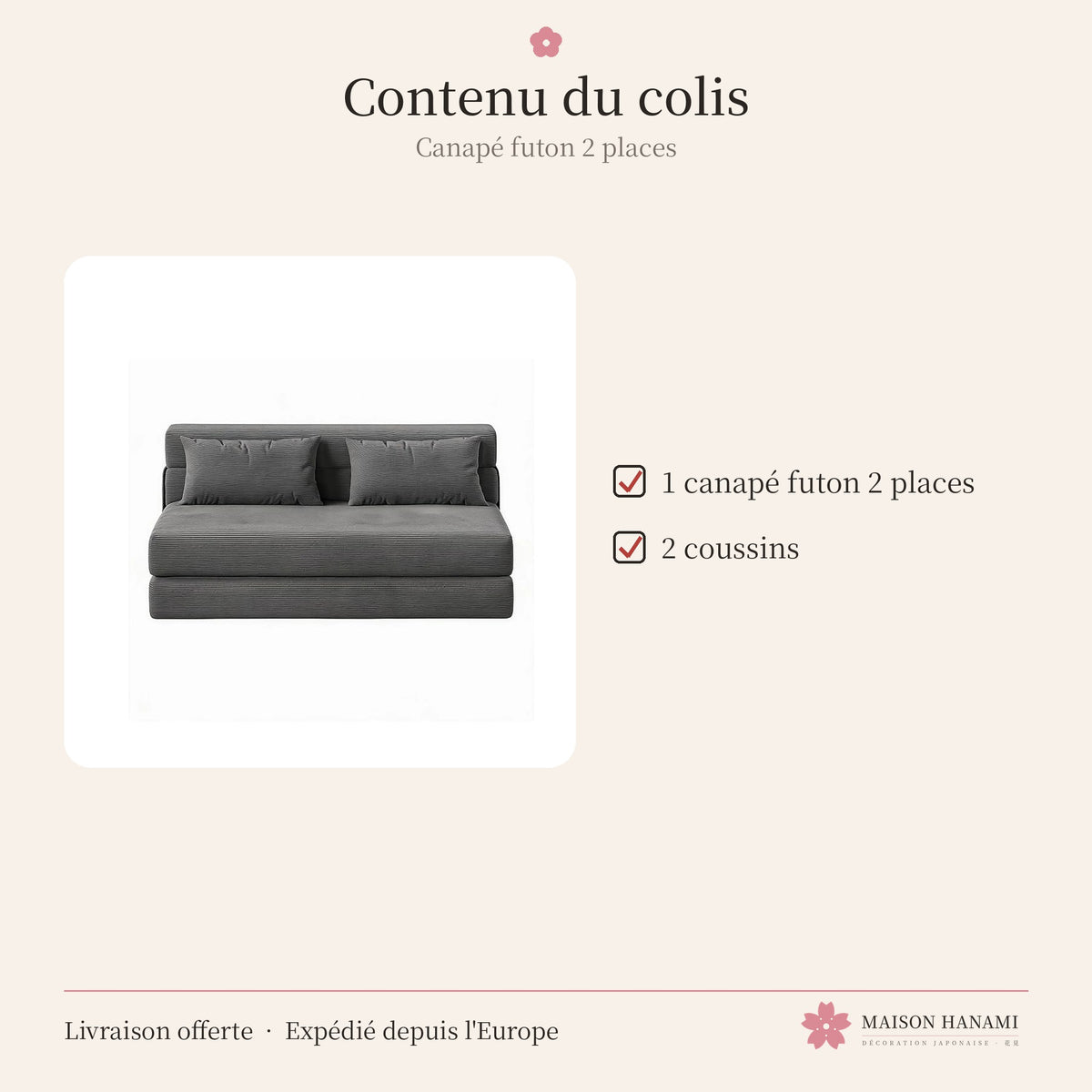 Canapé futon convertible 2 places en velours côtelé – gris anthracite