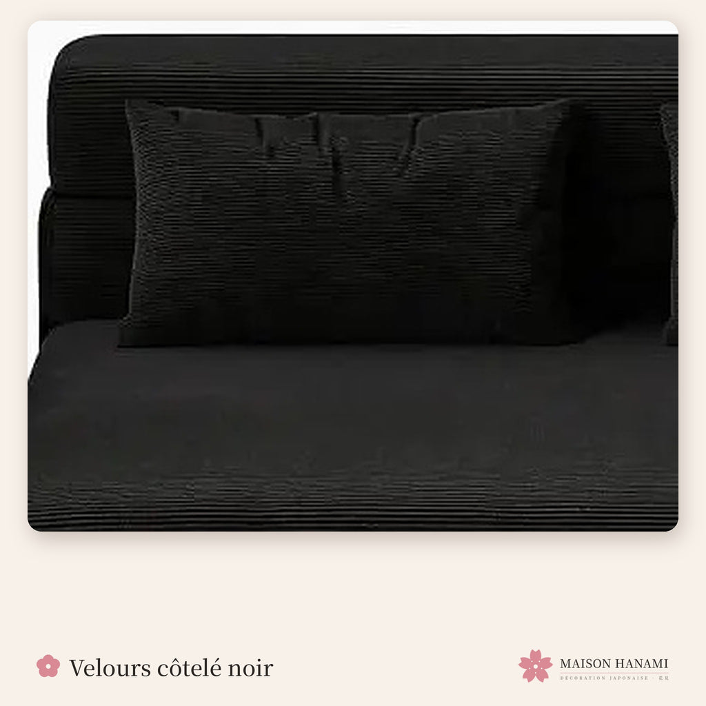 Canapé futon convertible 2 places en velours côtelé – noir