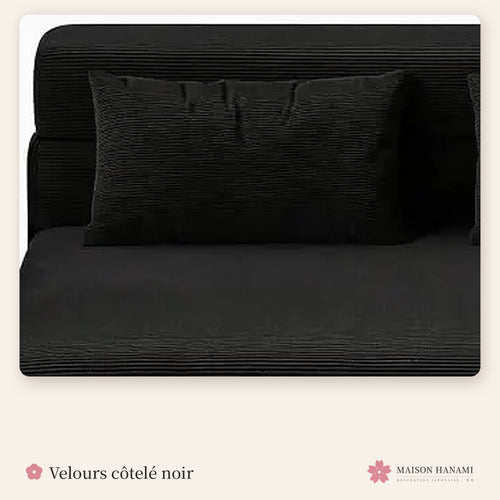 Canapé futon convertible 2 places en velours côtelé – noir