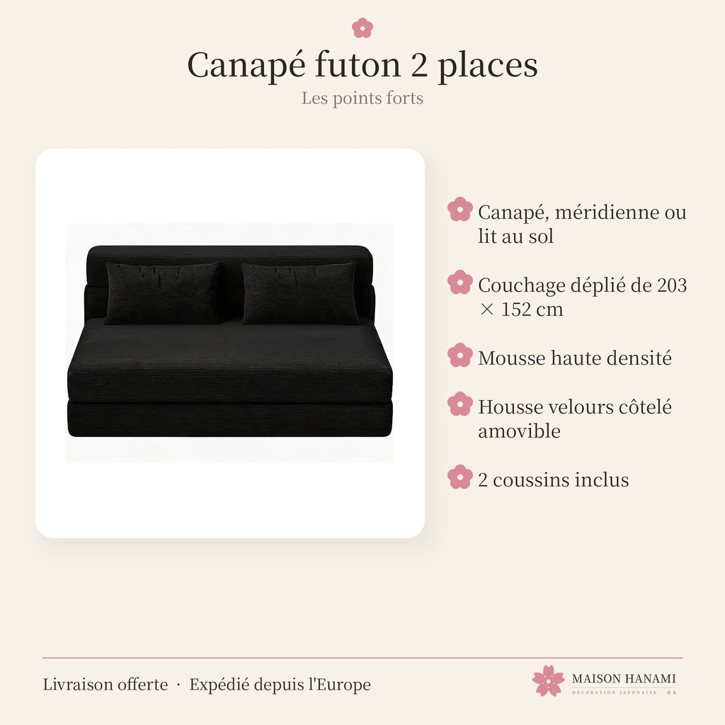 Canapé futon convertible 2 places en velours côtelé – noir