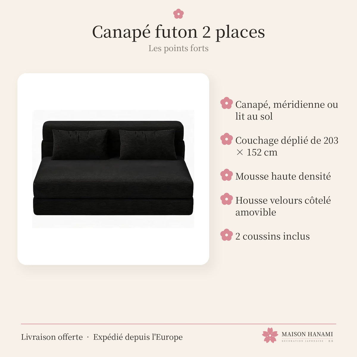 Canapé futon convertible 2 places en velours côtelé