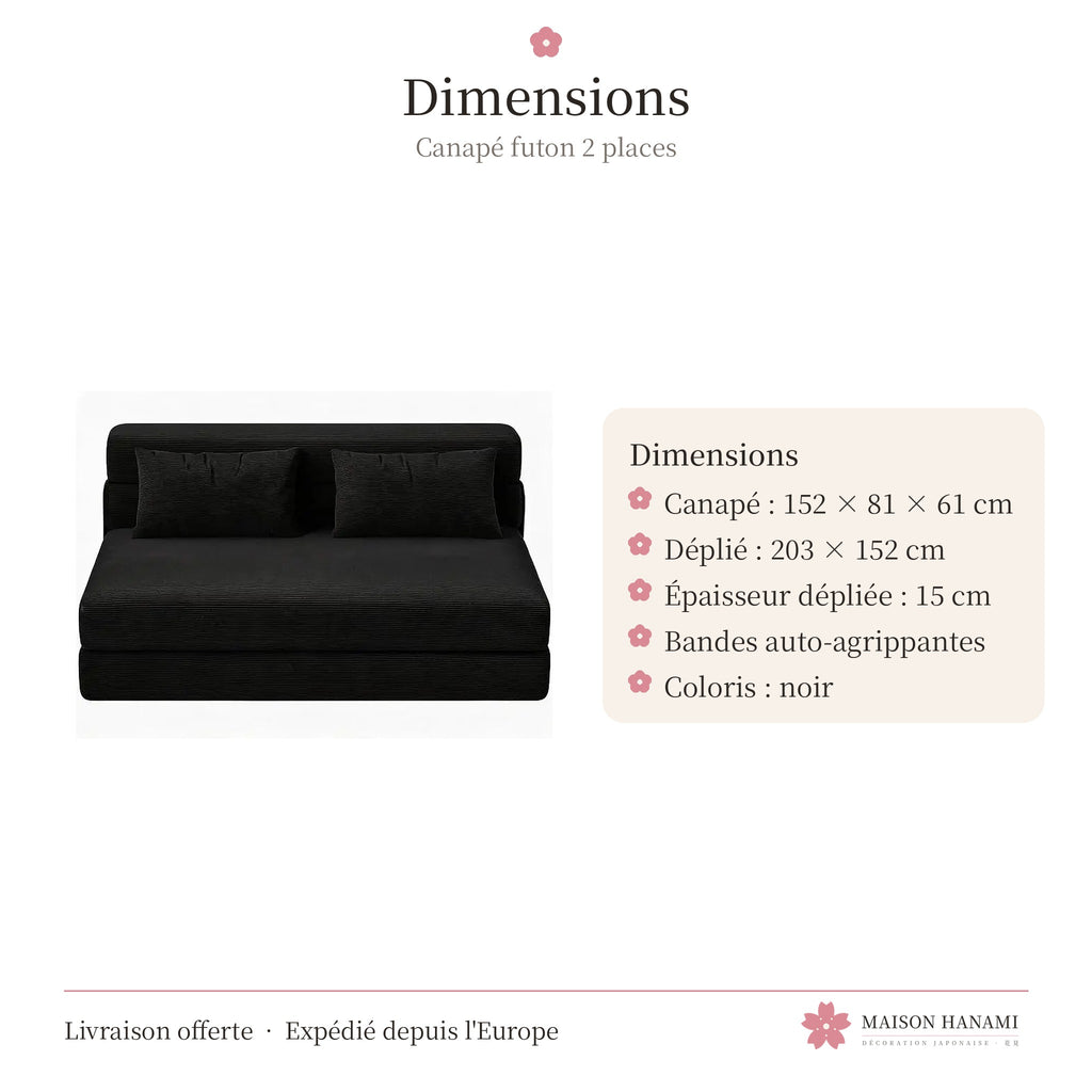 Canapé futon convertible 2 places en velours côtelé – noir