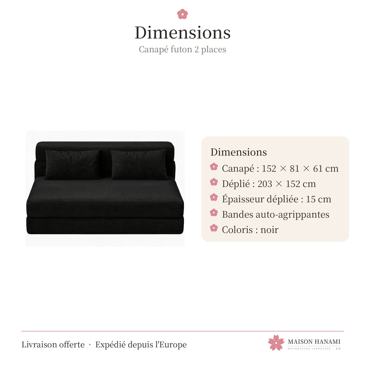 Canapé futon convertible 2 places en velours côtelé – noir