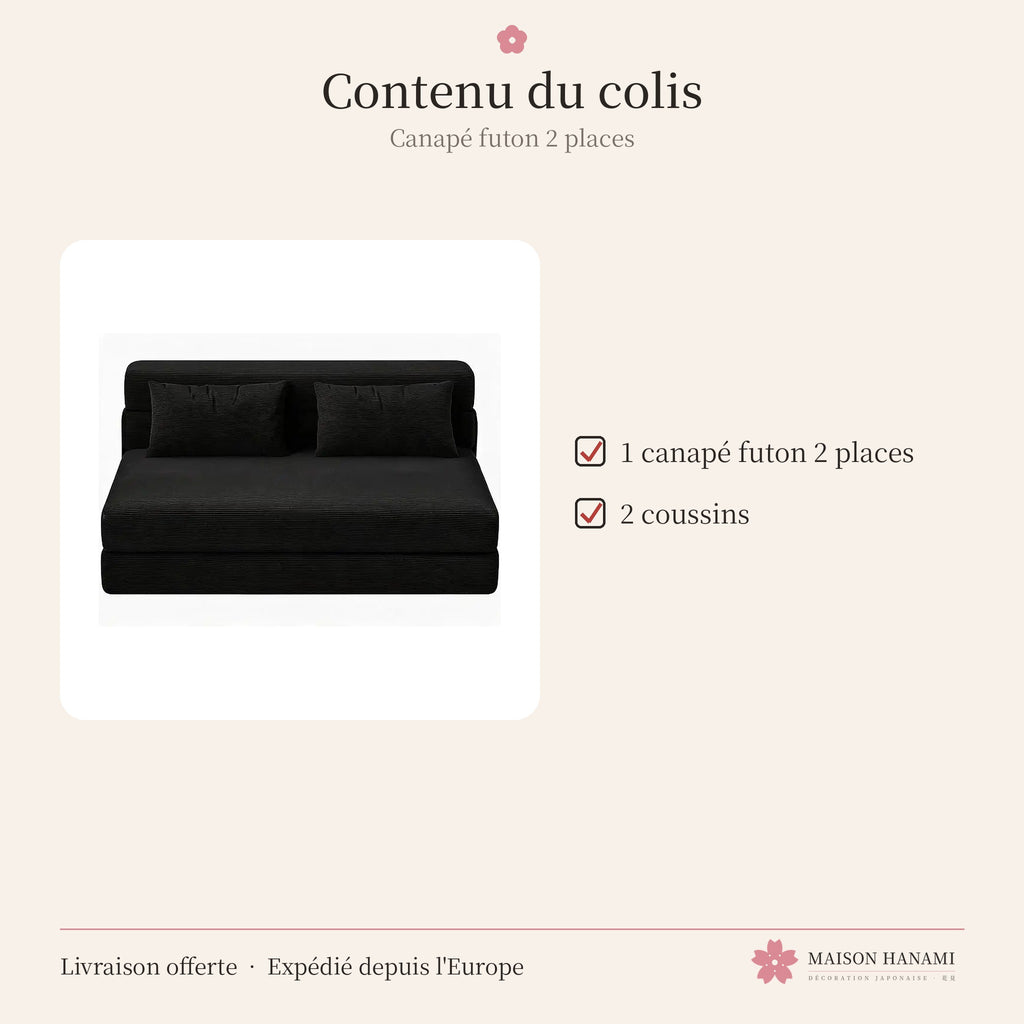 Canapé futon convertible 2 places en velours côtelé – noir