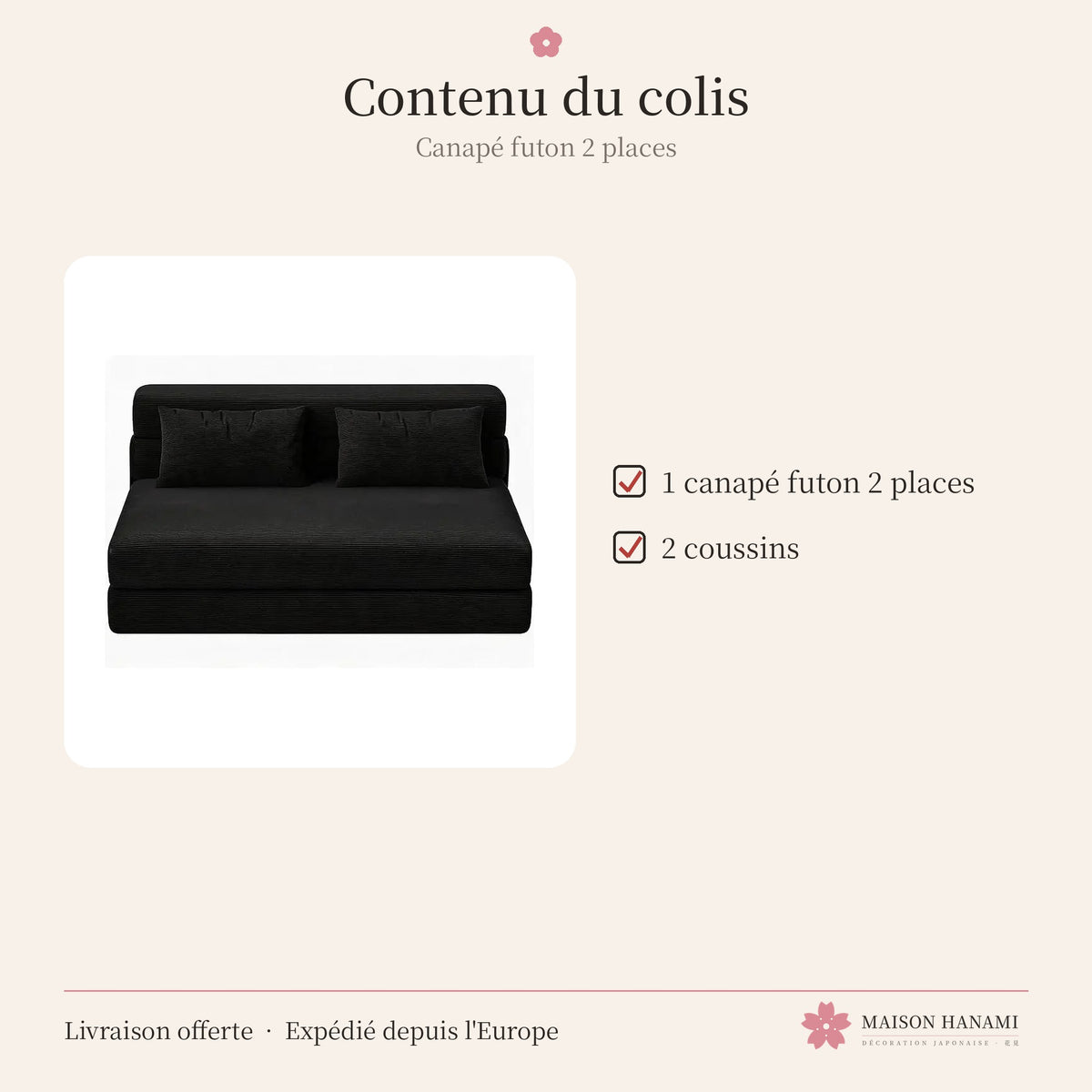 Canapé futon convertible 2 places en velours côtelé – noir