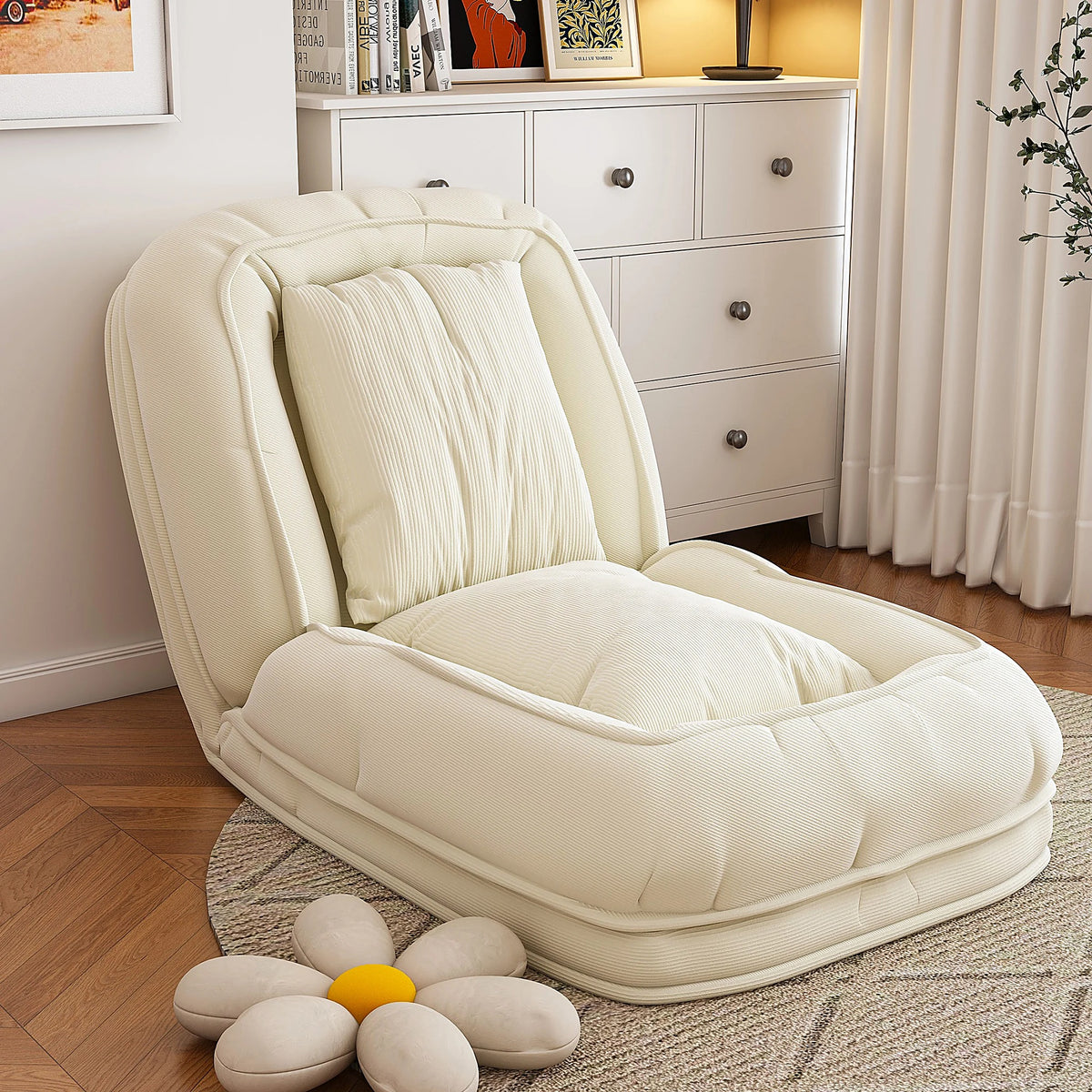 Fauteuil futon 5 positions en velours côtelé – blanc cassé