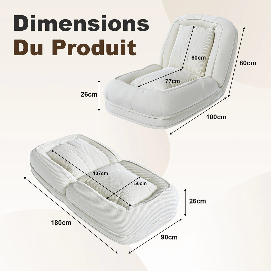 Fauteuil futon 5 positions en velours côtelé – blanc cassé