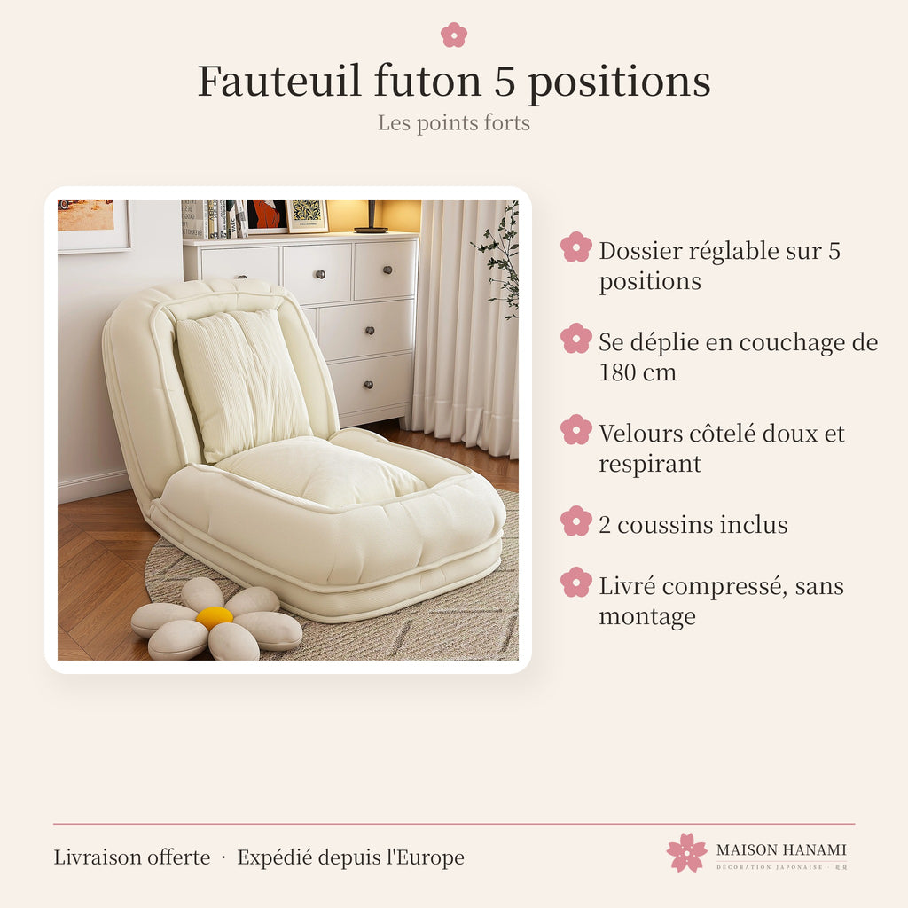 Fauteuil futon 5 positions en velours côtelé – blanc cassé